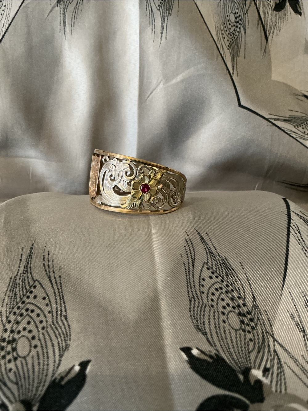 Montana Silversmiths Two-Tone NFR Western Scroll Cuff Bracelet with Ruby Accents - Picture 7 of 8